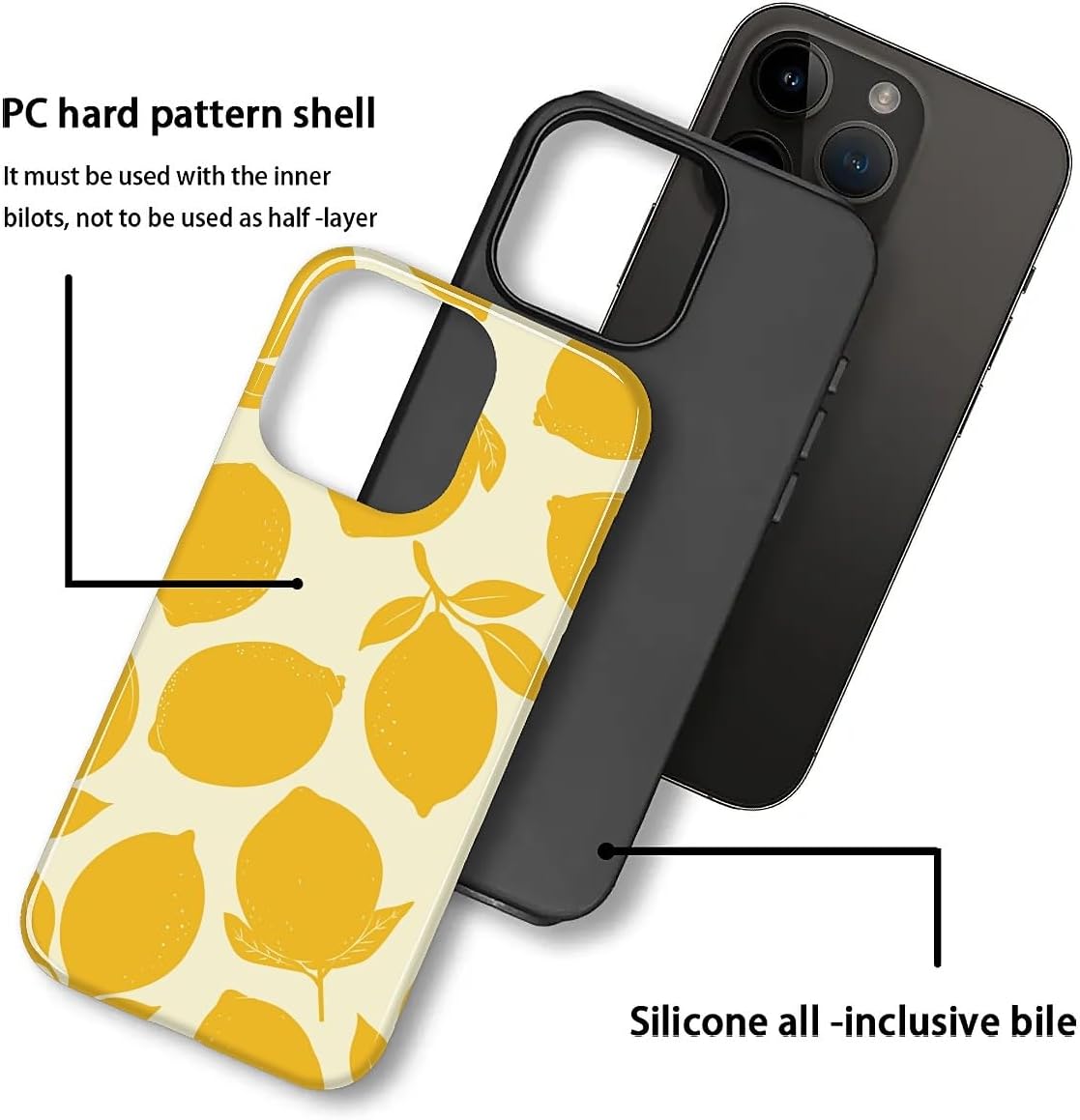 Compatible with iPhone 15 Case, Dual-Layer Protection Hard Shell with Silicone Interior,Slim Scratch Resistant Shockproof for Woman Men Fresh Fruit Lemon Boho Summer