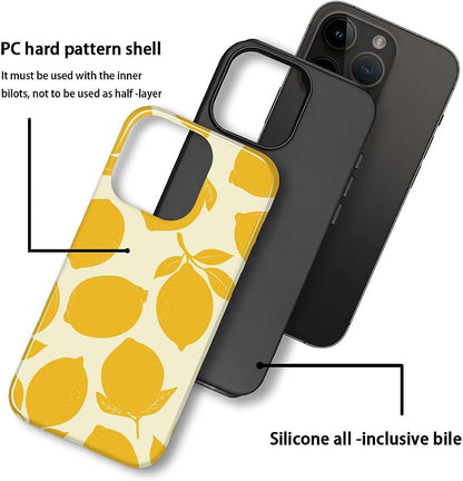 Compatible with iPhone 15 Case, Dual-Layer Protection Hard Shell with Silicone Interior,Slim Scratch Resistant Shockproof for Woman Men Fresh Fruit Lemon Boho Summer