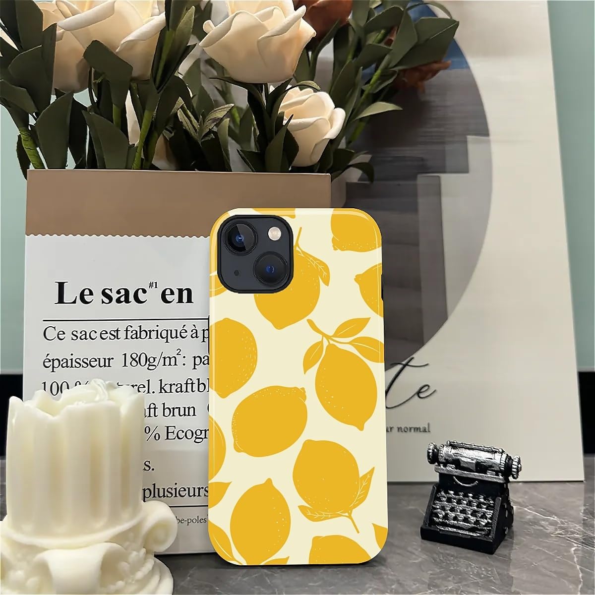 Compatible with iPhone 15 Case, Dual-Layer Protection Hard Shell with Silicone Interior,Slim Scratch Resistant Shockproof for Woman Men Fresh Fruit Lemon Boho Summer