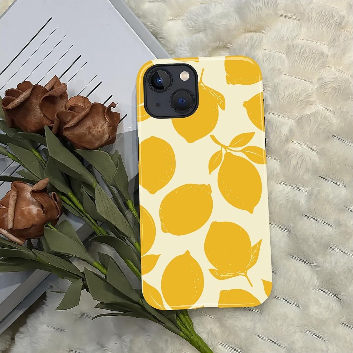 Compatible with iPhone 15 Case, Dual-Layer Protection Hard Shell with Silicone Interior,Slim Scratch Resistant Shockproof for Woman Men Fresh Fruit Lemon Boho Summer