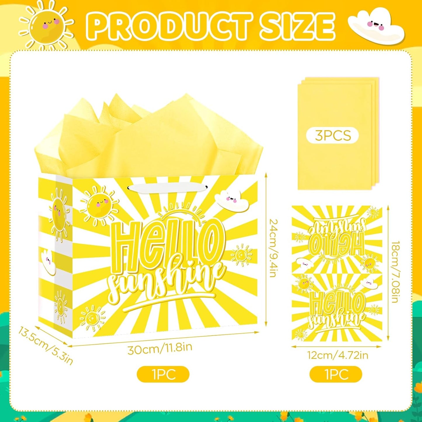 Hello Sunshine Party Supplies Hello Sunshine Gift Bag With Wrapping Paper and Card Large Yellow Sun Birthday Party Wrapping Paper Bag with Handle Goodie Gift Bags for Birthday Baby Showers Decorations