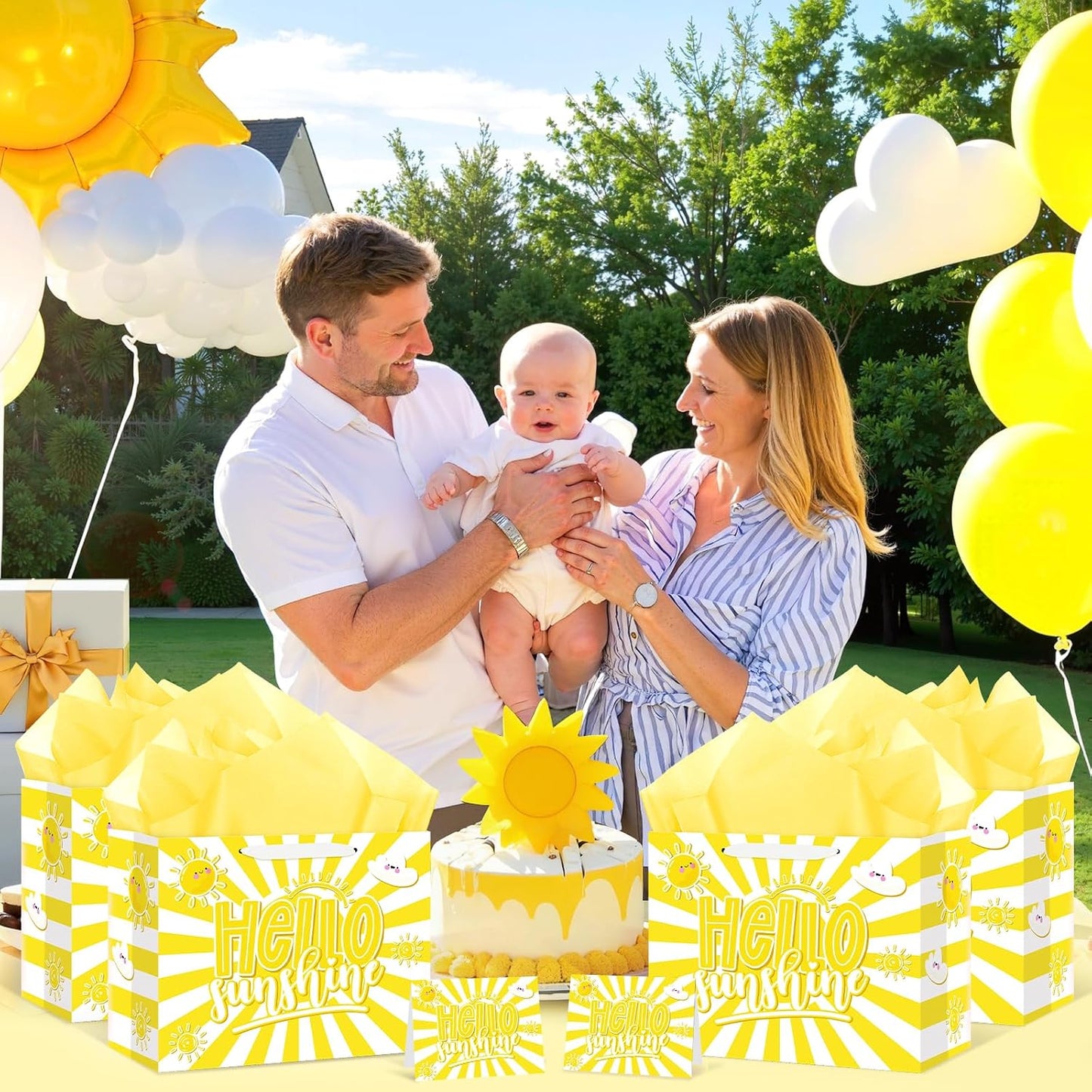 Hello Sunshine Party Supplies Hello Sunshine Gift Bag With Wrapping Paper and Card Large Yellow Sun Birthday Party Wrapping Paper Bag with Handle Goodie Gift Bags for Birthday Baby Showers Decorations