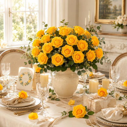 30PCS Yellow Artificial Roses with Stems, Real Touch Foam Flowers | 3" Rose Heads, 7" Bendable Stems, Perfect for DIY Wedding Bouquets, Centerpieces, Bridal Showers, Party, Fall Decorations
