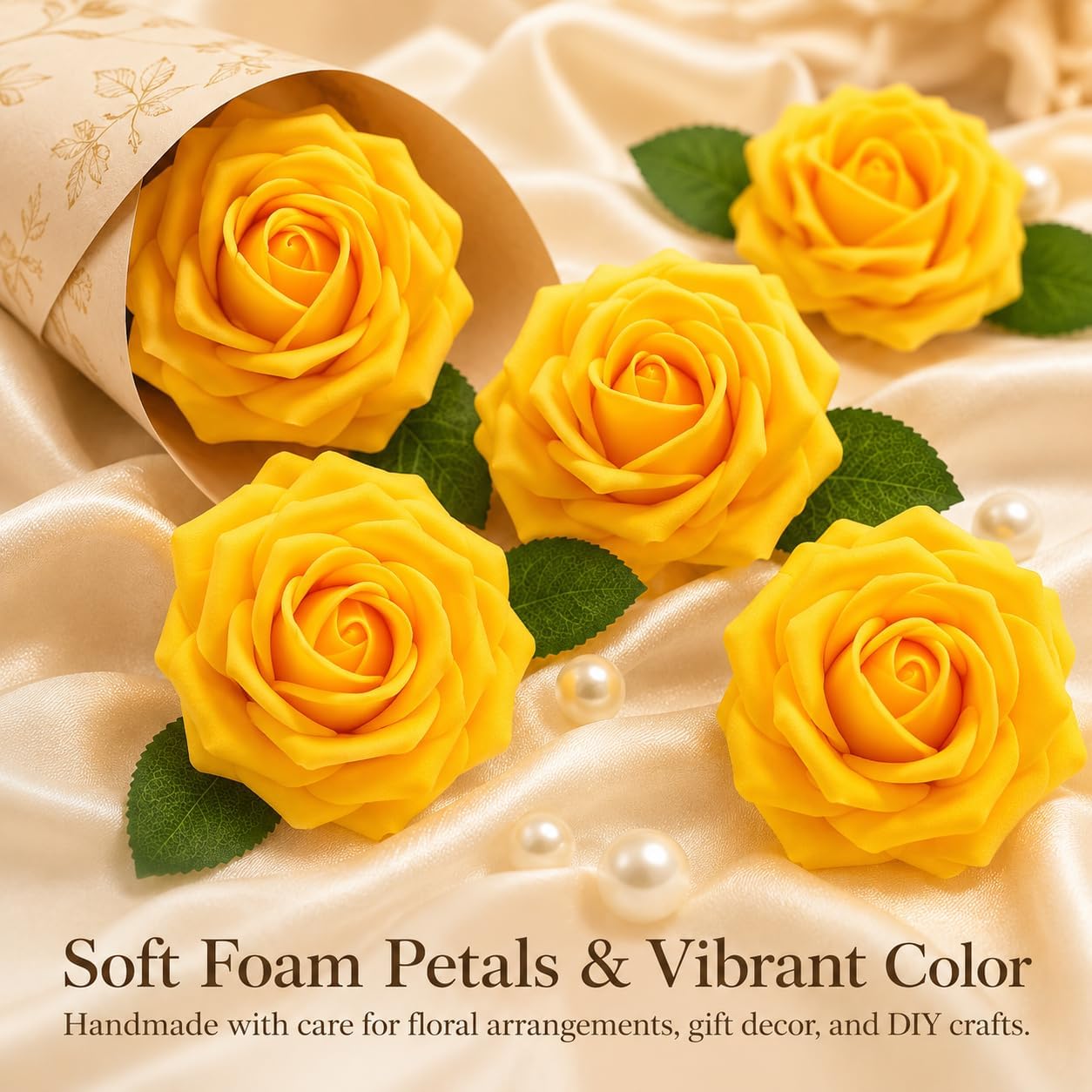 30PCS Yellow Artificial Roses with Stems, Real Touch Foam Flowers | 3" Rose Heads, 7" Bendable Stems, Perfect for DIY Wedding Bouquets, Centerpieces, Bridal Showers, Party, Fall Decorations