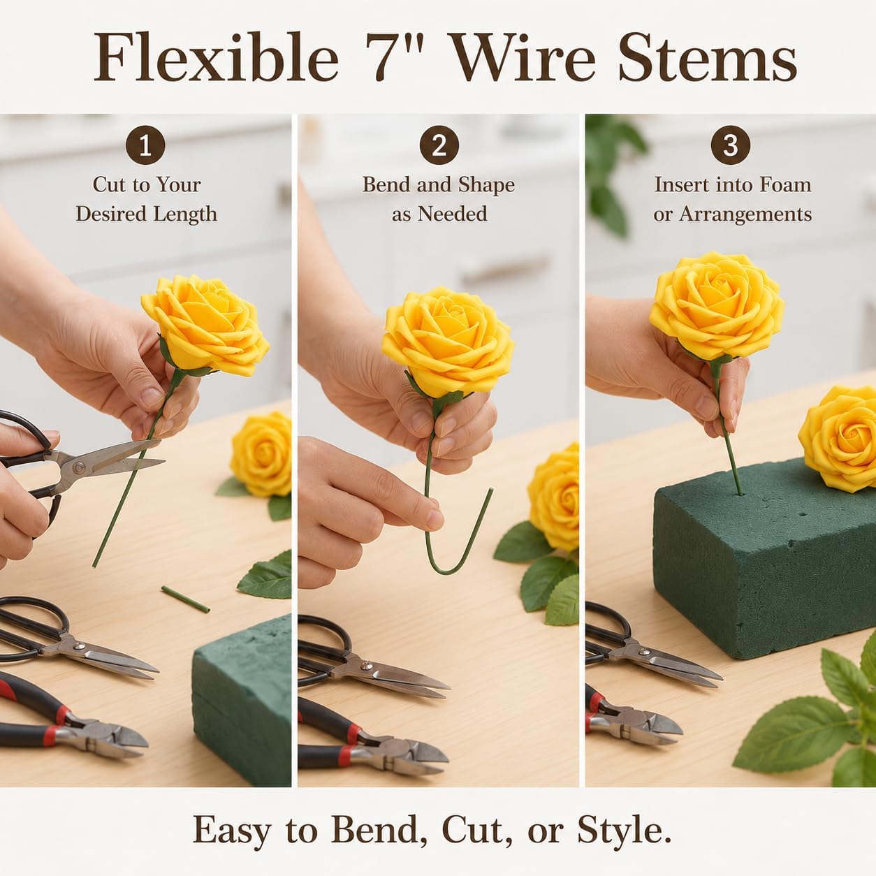 30PCS Yellow Artificial Roses with Stems, Real Touch Foam Flowers | 3" Rose Heads, 7" Bendable Stems, Perfect for DIY Wedding Bouquets, Centerpieces, Bridal Showers, Party, Fall Decorations