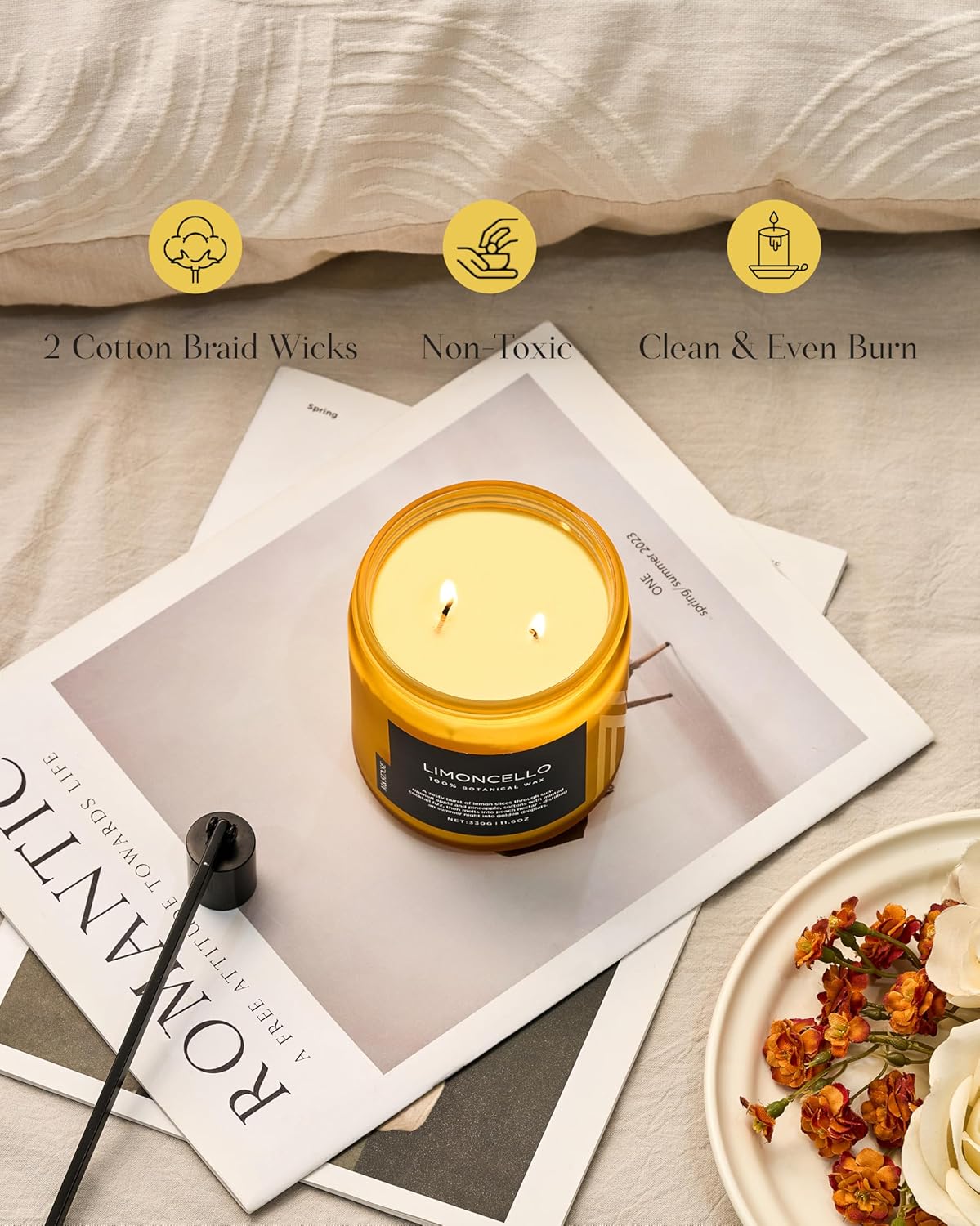 Limocello Scented Candle - 11.6oz Natural Soy Wax Non Toxic | 70-Hour Slow Burning, Summer Lemon Scent for Odor Eliminating, Housewarming Gifts for Spa & Meditation & Relaxing