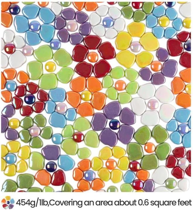 Flower Mosaic Tiles for Crafts Bulk,1LB Iridescent Mosaic Tiles Supplies, Petal Mosaic Pieces for Garden Decoration,DIY Glass Mosaic Crafts