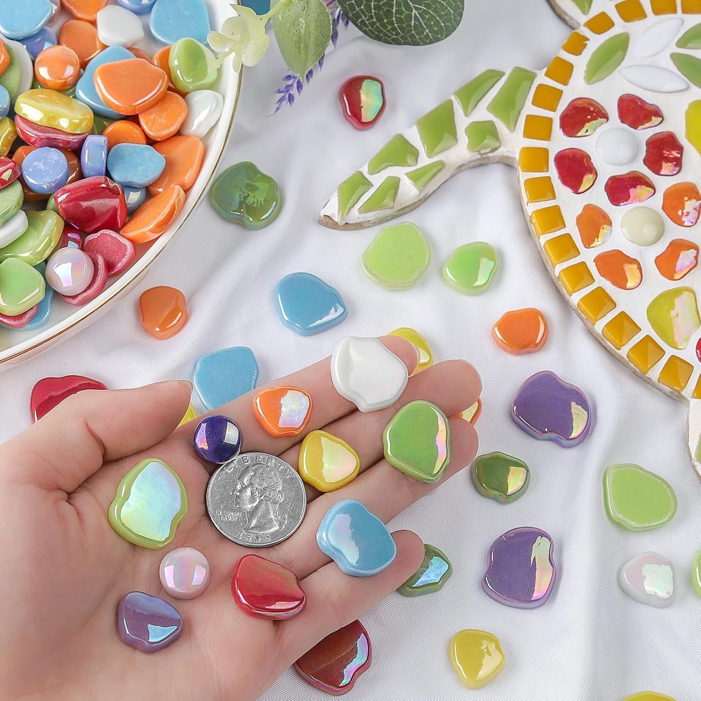 Flower Mosaic Tiles for Crafts Bulk,1LB Iridescent Mosaic Tiles Supplies, Petal Mosaic Pieces for Garden Decoration,DIY Glass Mosaic Crafts