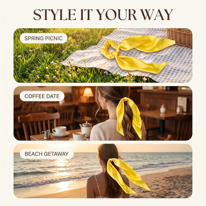 Yellow Women Girl Bow Satin Ribbon Ponytail Scarf Hair Tie Rope Scrunchies Elastic Band Hair Scrunchies Bands Elastics and Ties Beauty and Personal Care Hair Care, Hair Accessories