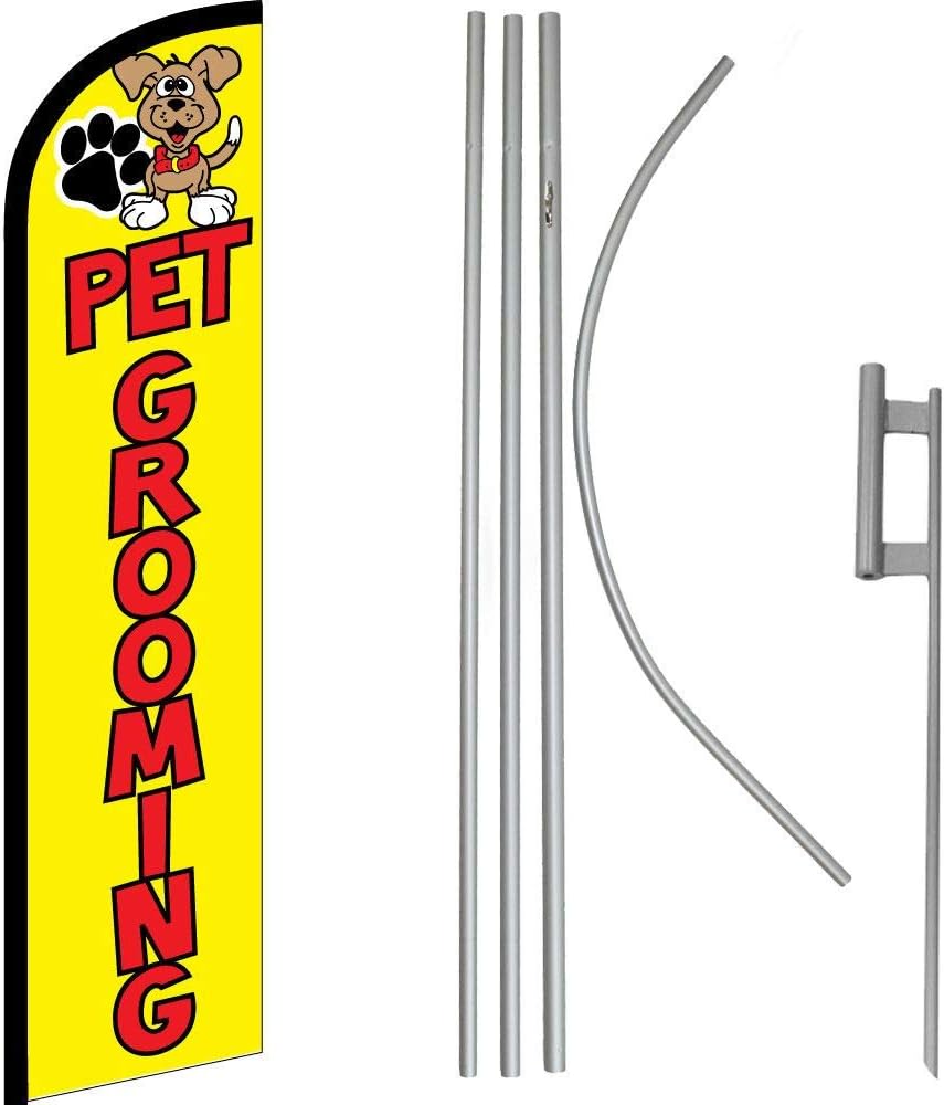 Pet Grooming Yellow/Red Windless Banner Flag & 16' Flagpole Kit/Ground Spike