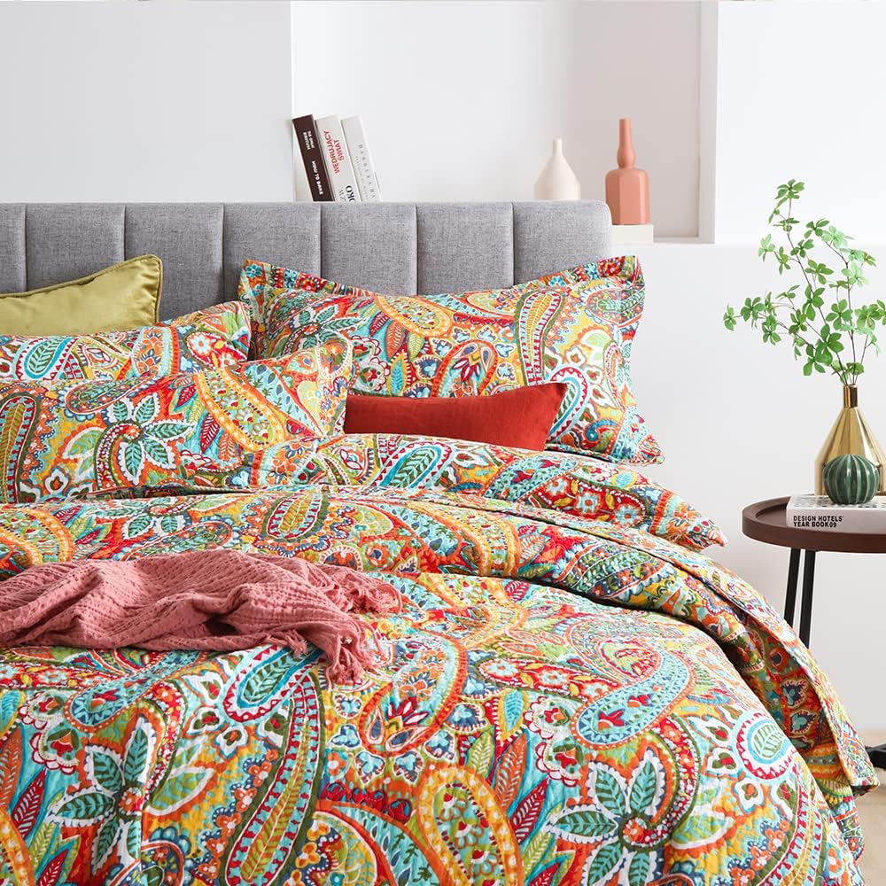 Cotton Bedspread Quilt Sets, 3 Pieces Reversible Comforter Coverlet Sets, Yellow Gorgeous Paisley,Queen Size