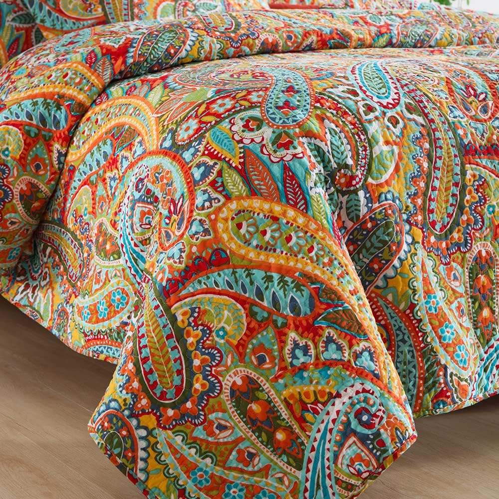 Cotton Bedspread Quilt Sets, 3 Pieces Reversible Comforter Coverlet Sets, Yellow Gorgeous Paisley,Queen Size