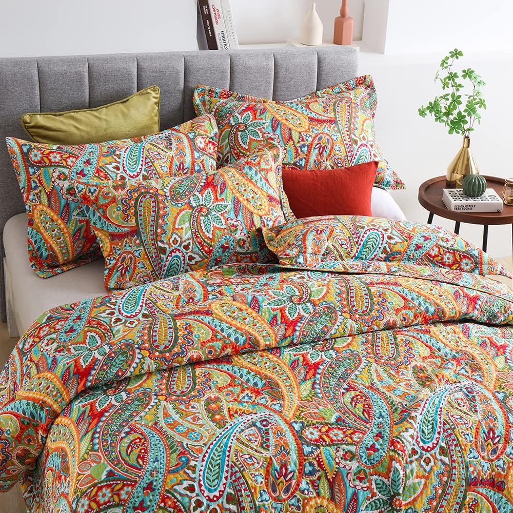 Cotton Bedspread Quilt Sets, 3 Pieces Reversible Comforter Coverlet Sets, Yellow Gorgeous Paisley,Queen Size