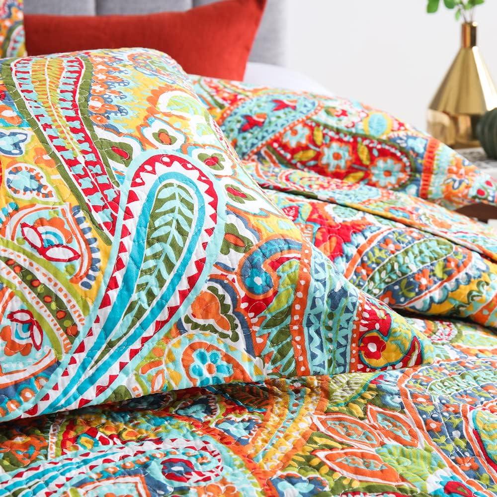 Cotton Bedspread Quilt Sets, 3 Pieces Reversible Comforter Coverlet Sets, Yellow Gorgeous Paisley,Queen Size