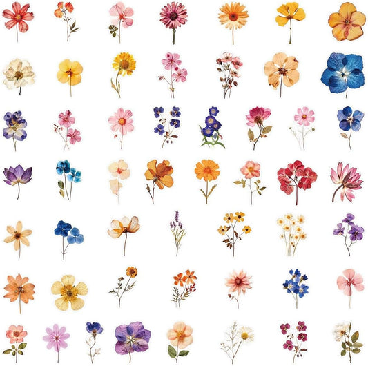 50Pcs Transparent Pressed Dried Flower Stickers Pack, Waterproof PET Vintage Floral Stickers for Flower Lovers Teens Adults, No‑Residue Decals for Journaling Scrapbooking Water Bottle Laptop Phone