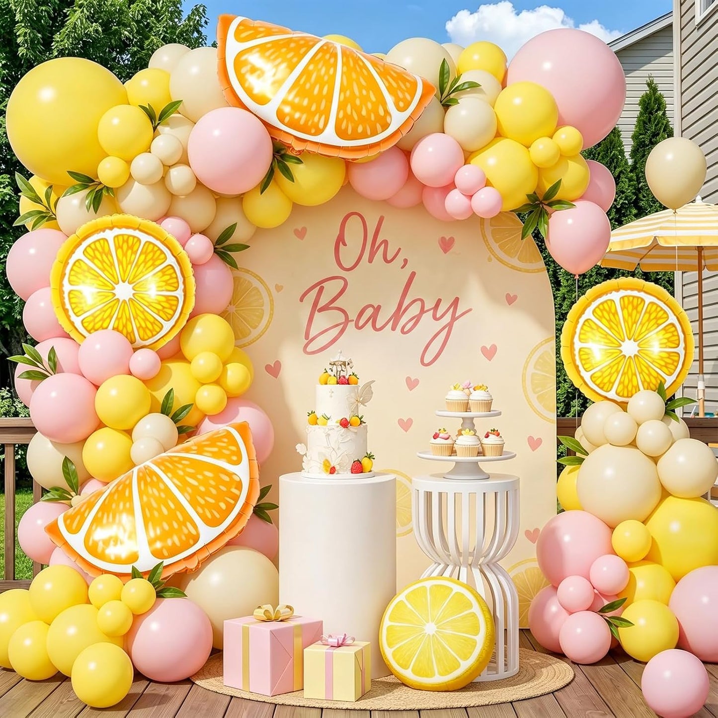 146Pcs Lemon Balloon Arch Garland Kit,Pink and Yellow Balloon Arch Kit with Lemon Foil Ballons for Baby Shower Bridal Shower Birthday Party Decorations