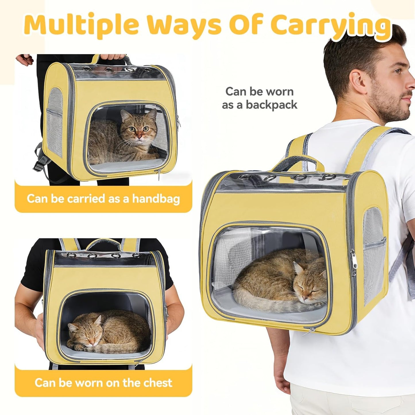 Airline Approved Cat Soft-Sided Carrier Backpack, Airport-Friendly Breathable Mesh Foldable Pet Travel Carrier with Reinforced Support, Portable Puppy Carrying for Kitty Up to 12 lbs (Yellow)