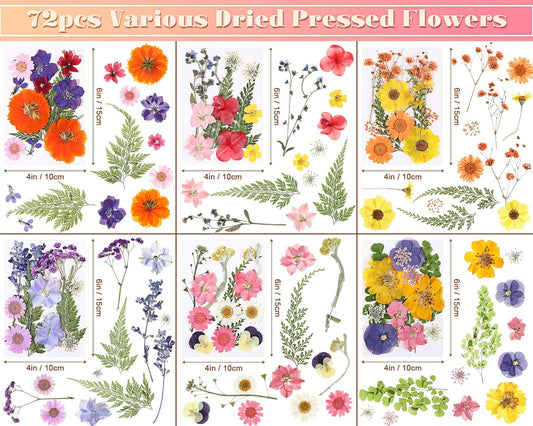 72 Pcs Dried Pressed Flowers Bulk for Resin Crafts,Gorgeous Style | Real Leaves Herbs Mix, For Scrapbooking Jewelry Candle Soap Making Nail Art Decor, Multicolor Petals Flowers Kit