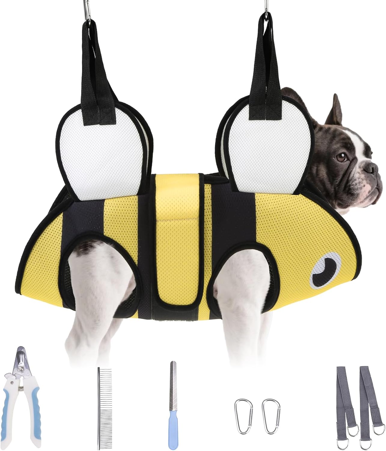 Dog Grooming Hammock for Small Dogs Cats, Cute Bee Design Dog Hanging Harness for Nail Trimming/Clipping,Pet Sling with Grooming Kit and Thick Neck Support & Strap Restraint Claw Care, S