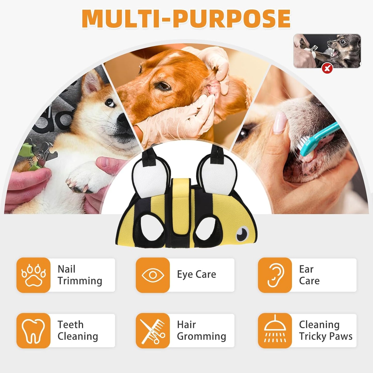 Dog Grooming Hammock for Small Dogs Cats, Cute Bee Design Dog Hanging Harness for Nail Trimming/Clipping,Pet Sling with Grooming Kit and Thick Neck Support & Strap Restraint Claw Care, S