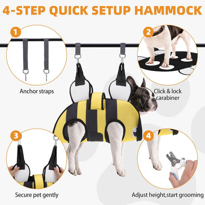 Dog Grooming Hammock for Small Dogs Cats, Cute Bee Design Dog Hanging Harness for Nail Trimming/Clipping,Pet Sling with Grooming Kit and Thick Neck Support & Strap Restraint Claw Care, S