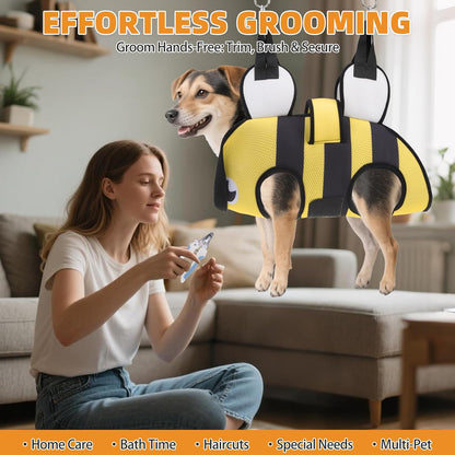 Dog Grooming Hammock for Small Dogs Cats, Cute Bee Design Dog Hanging Harness for Nail Trimming/Clipping,Pet Sling with Grooming Kit and Thick Neck Support & Strap Restraint Claw Care, S