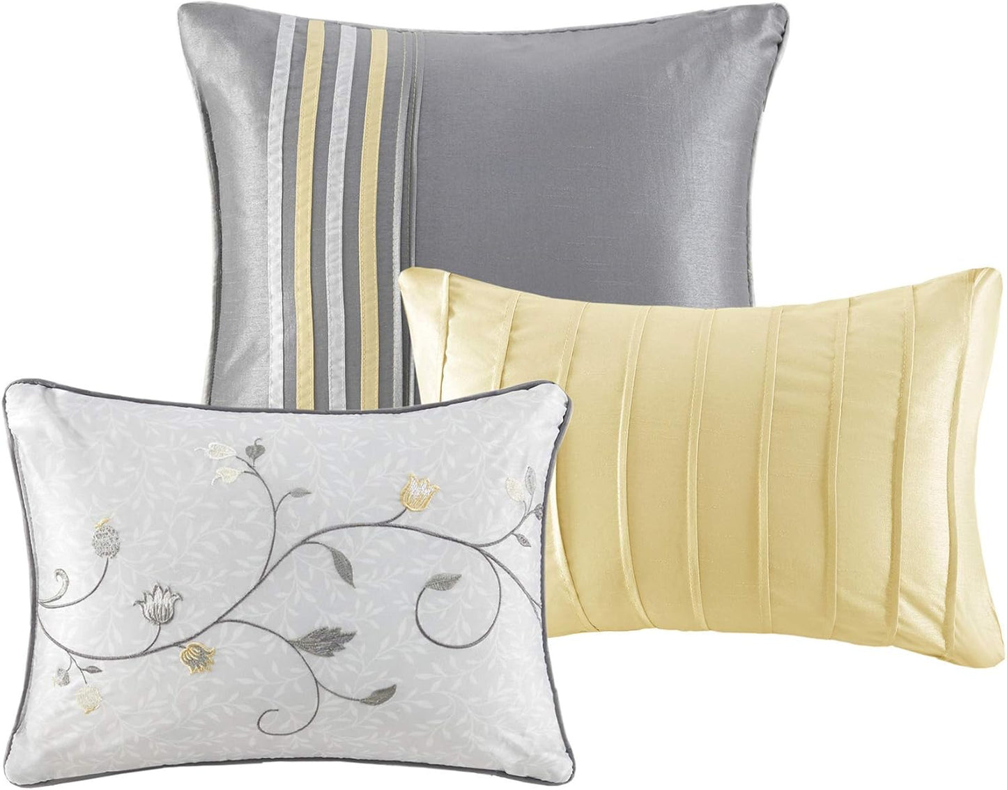 Serene Faux Silk Comforter Set - Floral Embroidery Design, All Season Bedding Set, Matching Bed Skirt, Decorative Pillows, Yellow King(104"x92") 7 Piece