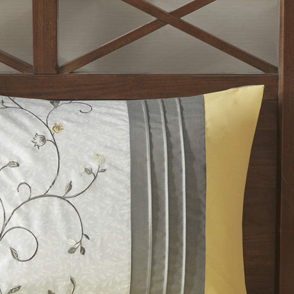Serene Faux Silk Comforter Set - Floral Embroidery Design, All Season Bedding Set, Matching Bed Skirt, Decorative Pillows, Yellow King(104"x92") 7 Piece