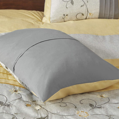 Serene Faux Silk Comforter Set - Floral Embroidery Design, All Season Bedding Set, Matching Bed Skirt, Decorative Pillows, Yellow King(104"x92") 7 Piece