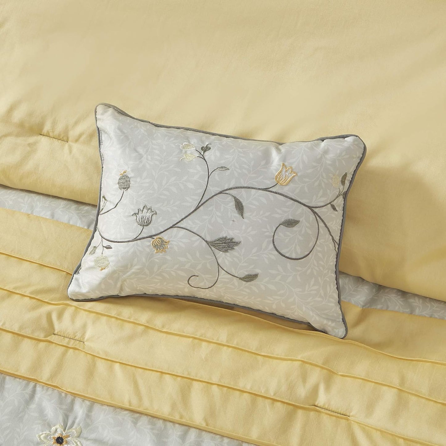 Serene Faux Silk Comforter Set - Floral Embroidery Design, All Season Bedding Set, Matching Bed Skirt, Decorative Pillows, Yellow King(104"x92") 7 Piece