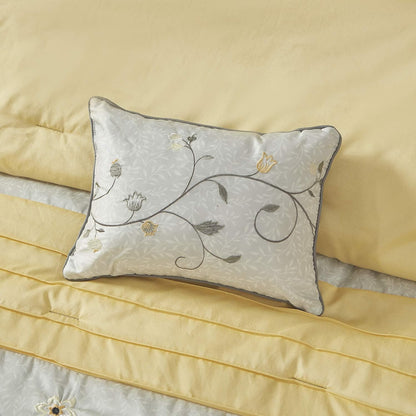 Serene Faux Silk Comforter Set - Floral Embroidery Design, All Season Bedding Set, Matching Bed Skirt, Decorative Pillows, Yellow King(104"x92") 7 Piece