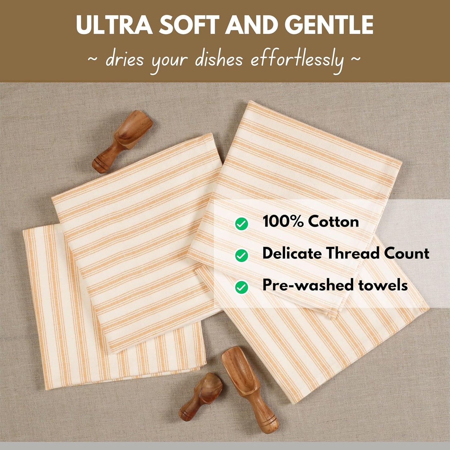 4 Pack Farmhouse Modern Stripe Kitchen Dish Towels Cotton Super Absorbent Quick Drying Reusable 18x26 Inches - Bar Hand Towels, Kitchen Cleaning Towels with Hanging Loop, Yellow
