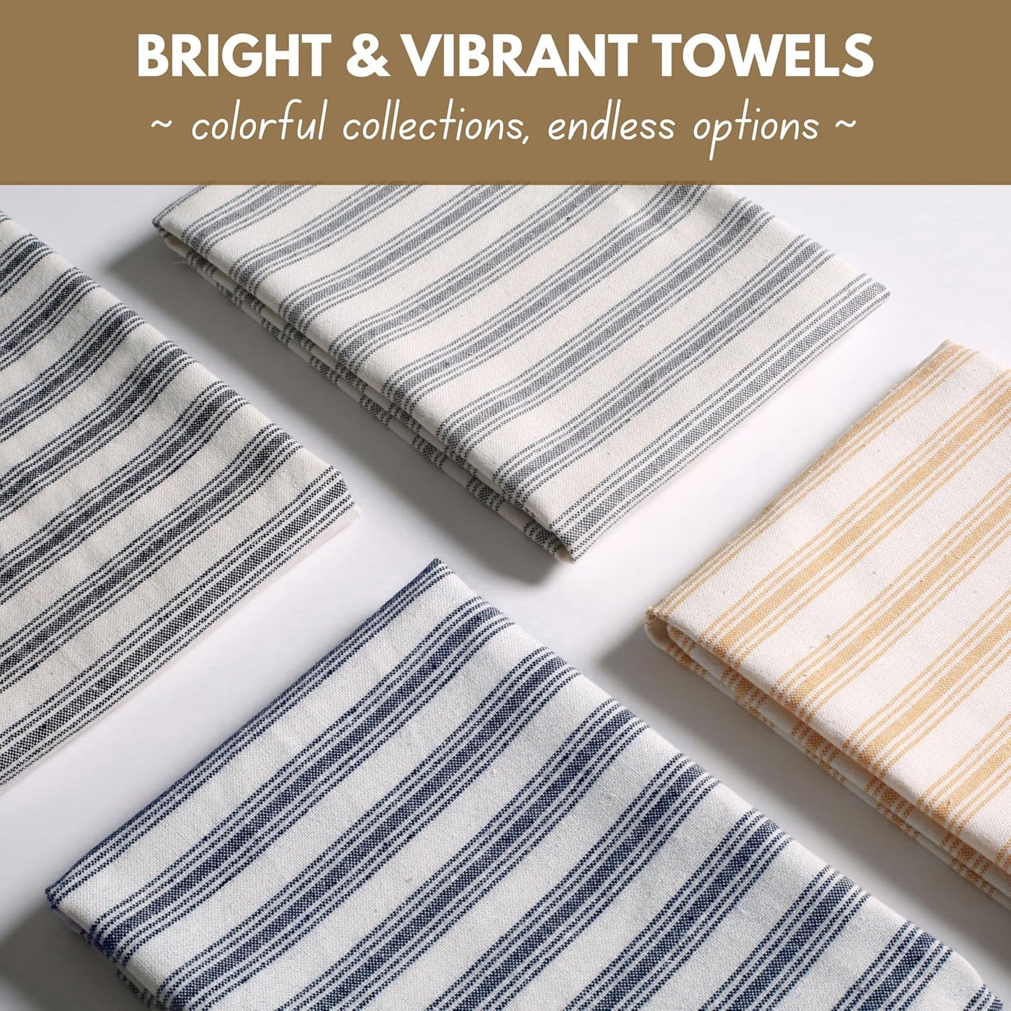 4 Pack Farmhouse Modern Stripe Kitchen Dish Towels Cotton Super Absorbent Quick Drying Reusable 18x26 Inches - Bar Hand Towels, Kitchen Cleaning Towels with Hanging Loop, Yellow