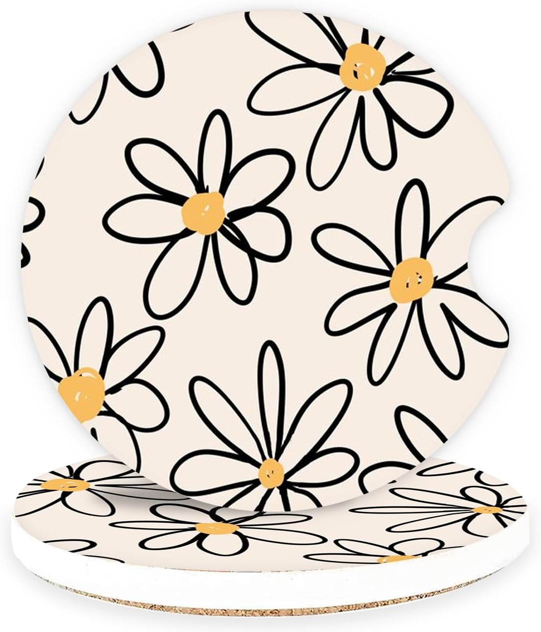 Ceramic Car Coasters – Absorbent Car Cup Holder Coaster Set for Women, Cute Aesthetic Car Accessories for Girls, 2 Pack (Yellow)