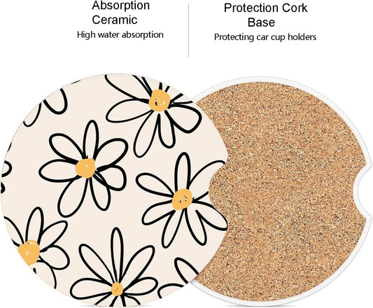Ceramic Car Coasters – Absorbent Car Cup Holder Coaster Set for Women, Cute Aesthetic Car Accessories for Girls, 2 Pack (Yellow)