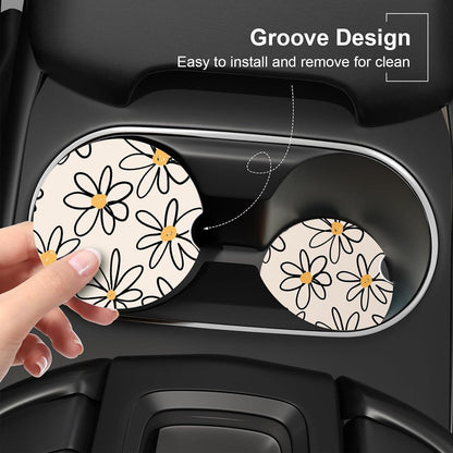 Ceramic Car Coasters – Absorbent Car Cup Holder Coaster Set for Women, Cute Aesthetic Car Accessories for Girls, 2 Pack (Yellow)