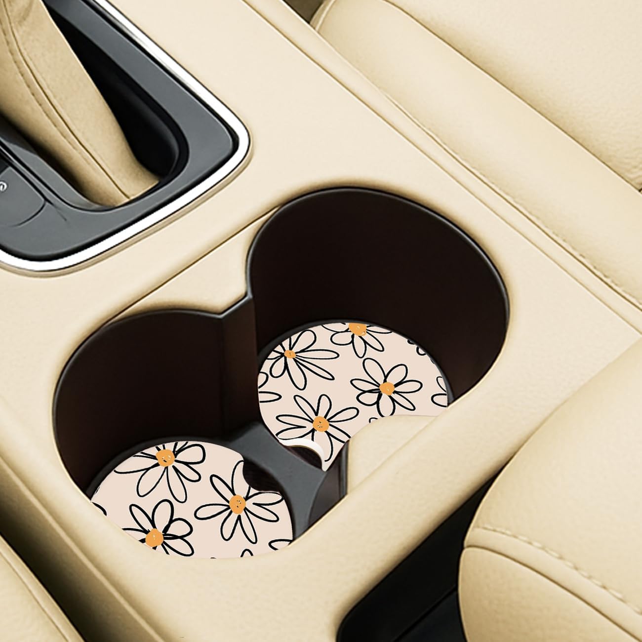 Ceramic Car Coasters – Absorbent Car Cup Holder Coaster Set for Women, Cute Aesthetic Car Accessories for Girls, 2 Pack (Yellow)