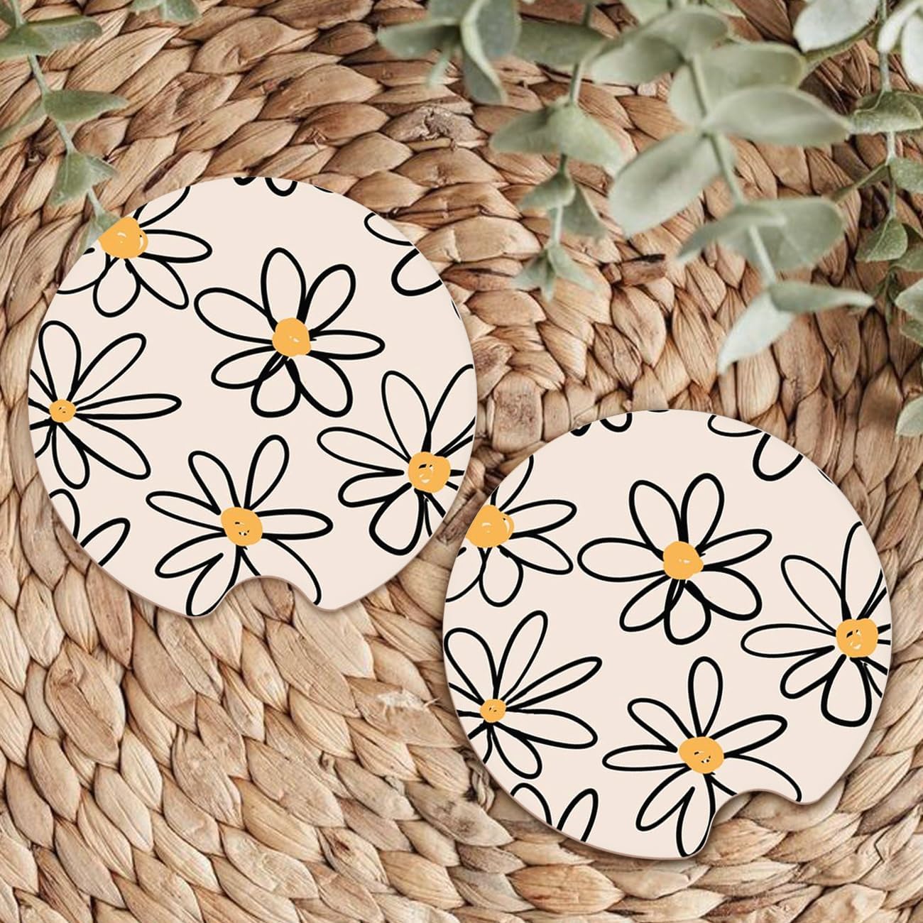 Ceramic Car Coasters – Absorbent Car Cup Holder Coaster Set for Women, Cute Aesthetic Car Accessories for Girls, 2 Pack (Yellow)