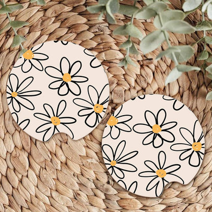 Ceramic Car Coasters – Absorbent Car Cup Holder Coaster Set for Women, Cute Aesthetic Car Accessories for Girls, 2 Pack (Yellow)
