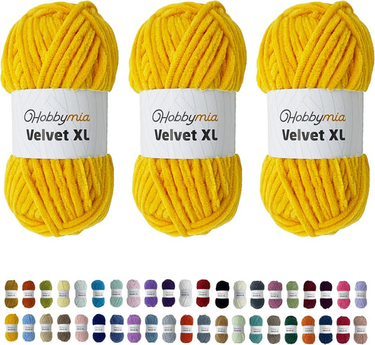 Velvet XL Chenille Yarn - Thick Super Bulky Yarn for Crocheting - Soft Fluffy Plush Yarn for Crochet - 100g / 74yds - Ideal for Baby Blankets & Amigurumi (Bee Yellow, 3 Skeins)