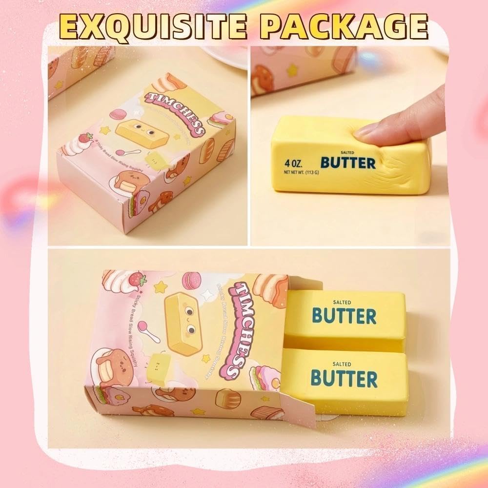 2 Packs Slow Rising Squishy Butter Squeeze Toys Realistic Butter Stick Pack | Sensory Stress Relief Squishies Soft & Stretchy Fidget Toys for Anxiety Relief Party Favors