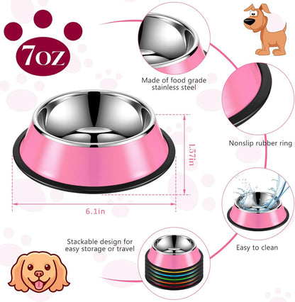 6Pcs 7oz Stainless Steel Dog Bowl,for Puppy,Small Cat,Pet,Kitten | Stackable Water and Food Dishes, Non Slip Silicone Base, Stain and Rust Resistance, Polished Rim, Safety & Easy to Clean