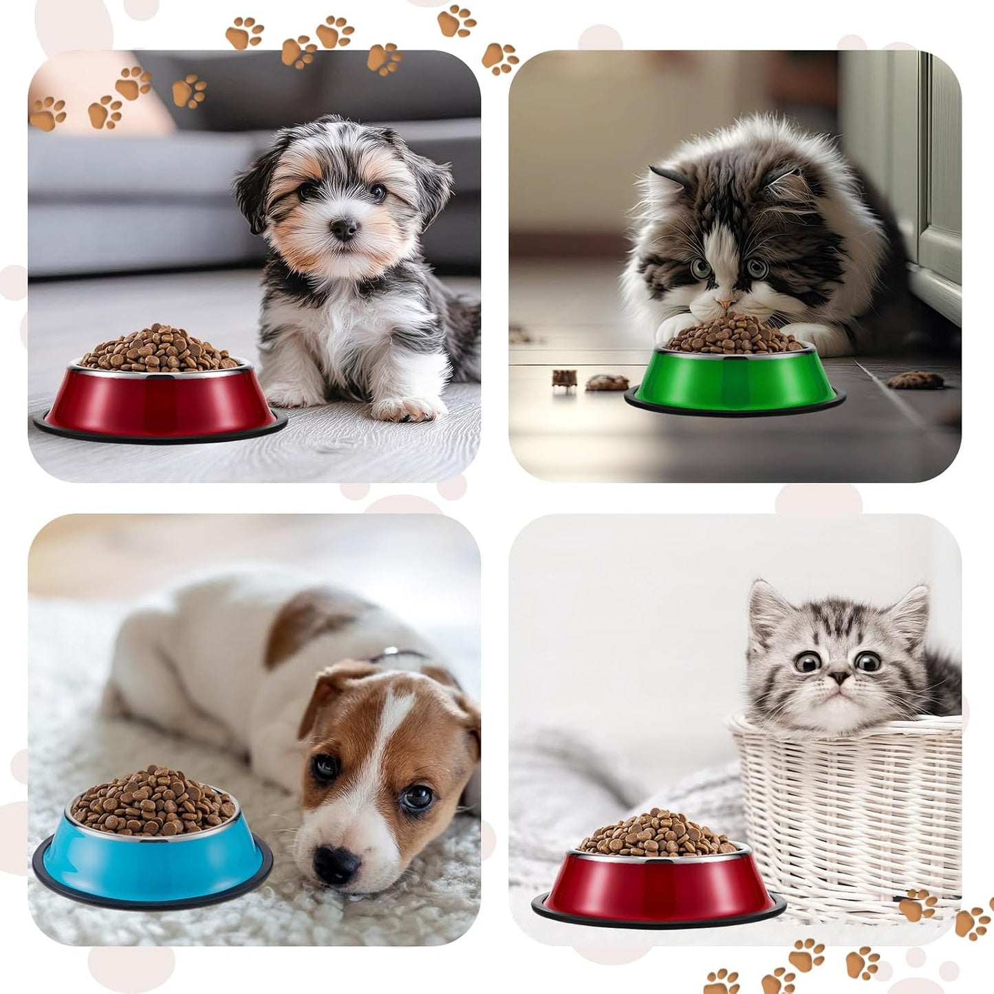 6Pcs 7oz Stainless Steel Dog Bowl,for Puppy,Small Cat,Pet,Kitten | Stackable Water and Food Dishes, Non Slip Silicone Base, Stain and Rust Resistance, Polished Rim, Safety & Easy to Clean