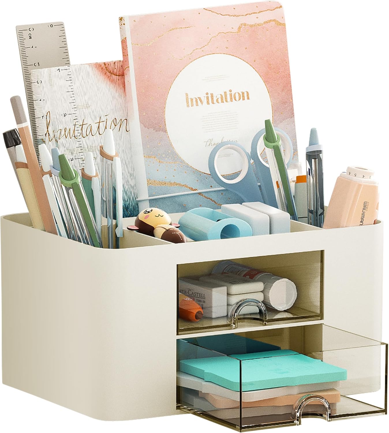 Pen Organizer with 2 Drawer, Multi-Functional Pencil Holder for Desk, Desk Organizers and Accessories with 5 Compartments + Drawer for Office Art Supplies (Yellow)