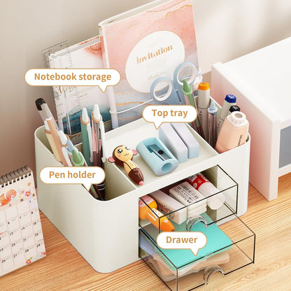 Pen Organizer with 2 Drawer, Multi-Functional Pencil Holder for Desk, Desk Organizers and Accessories with 5 Compartments + Drawer for Office Art Supplies (Yellow)