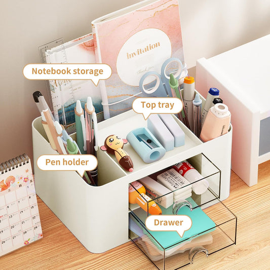 Pen Organizer with 2 Drawer, Multi-Functional Pencil Holder for Desk, Desk Organizers and Accessories with 5 Compartments + Drawer for Office Art Supplies (Yellow)