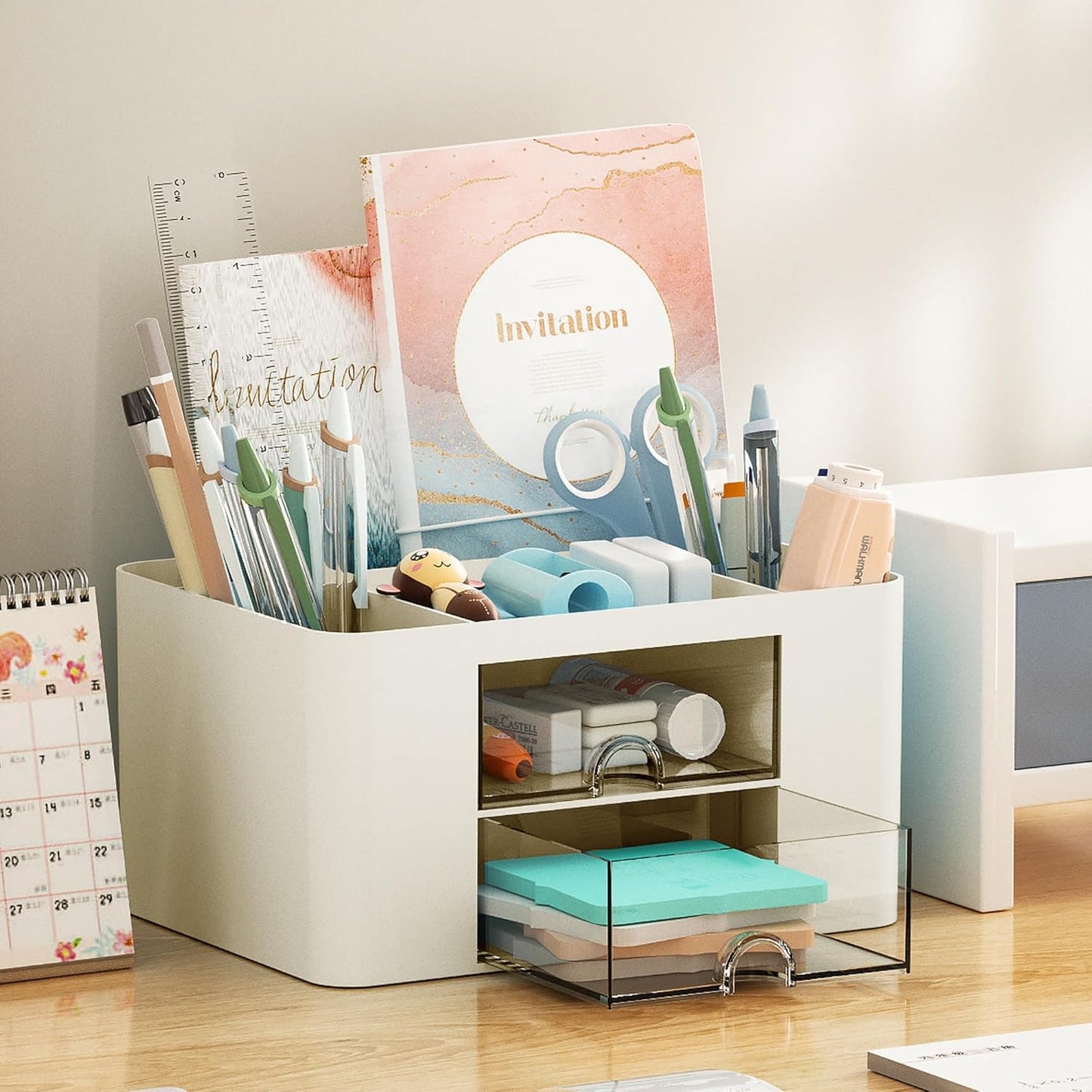 Pen Organizer with 2 Drawer, Multi-Functional Pencil Holder for Desk, Desk Organizers and Accessories with 5 Compartments + Drawer for Office Art Supplies (Yellow)