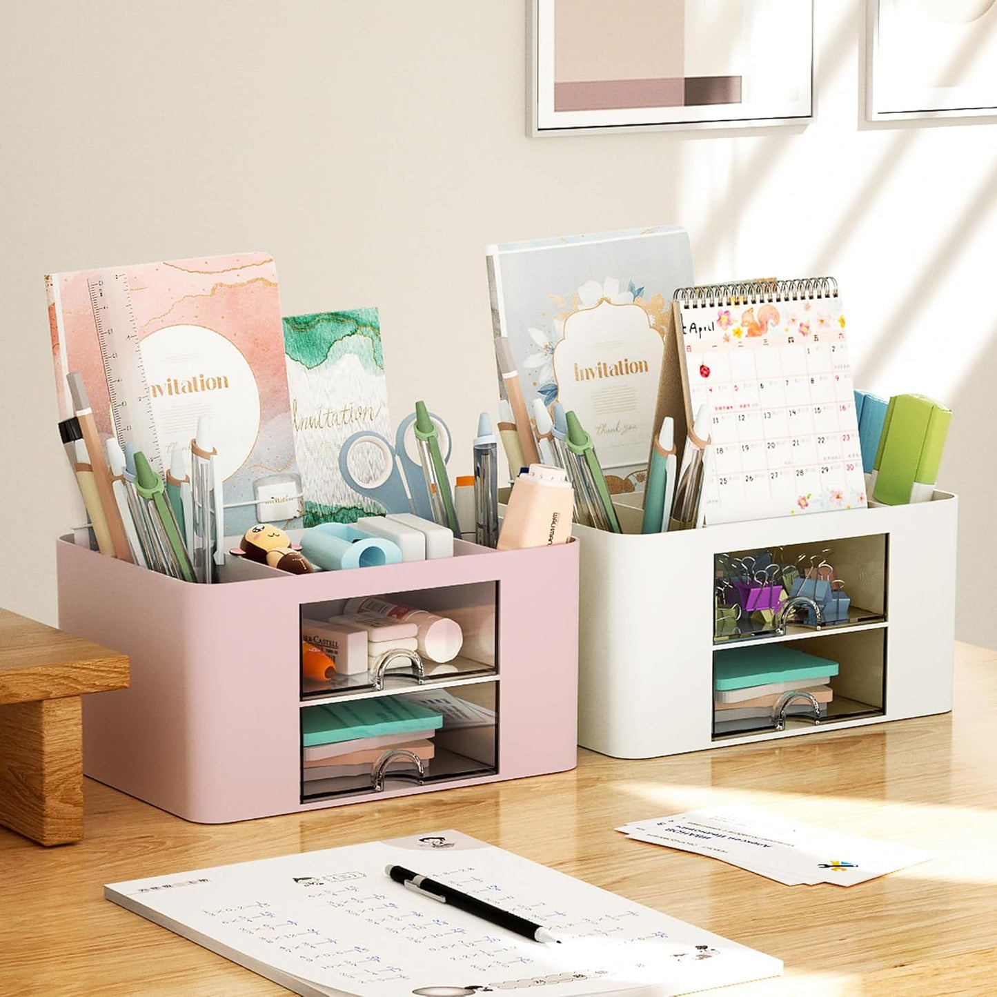Pen Organizer with 2 Drawer, Multi-Functional Pencil Holder for Desk, Desk Organizers and Accessories with 5 Compartments + Drawer for Office Art Supplies (Yellow)