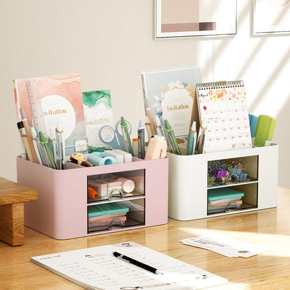 Pen Organizer with 2 Drawer, Multi-Functional Pencil Holder for Desk, Desk Organizers and Accessories with 5 Compartments + Drawer for Office Art Supplies (Yellow)
