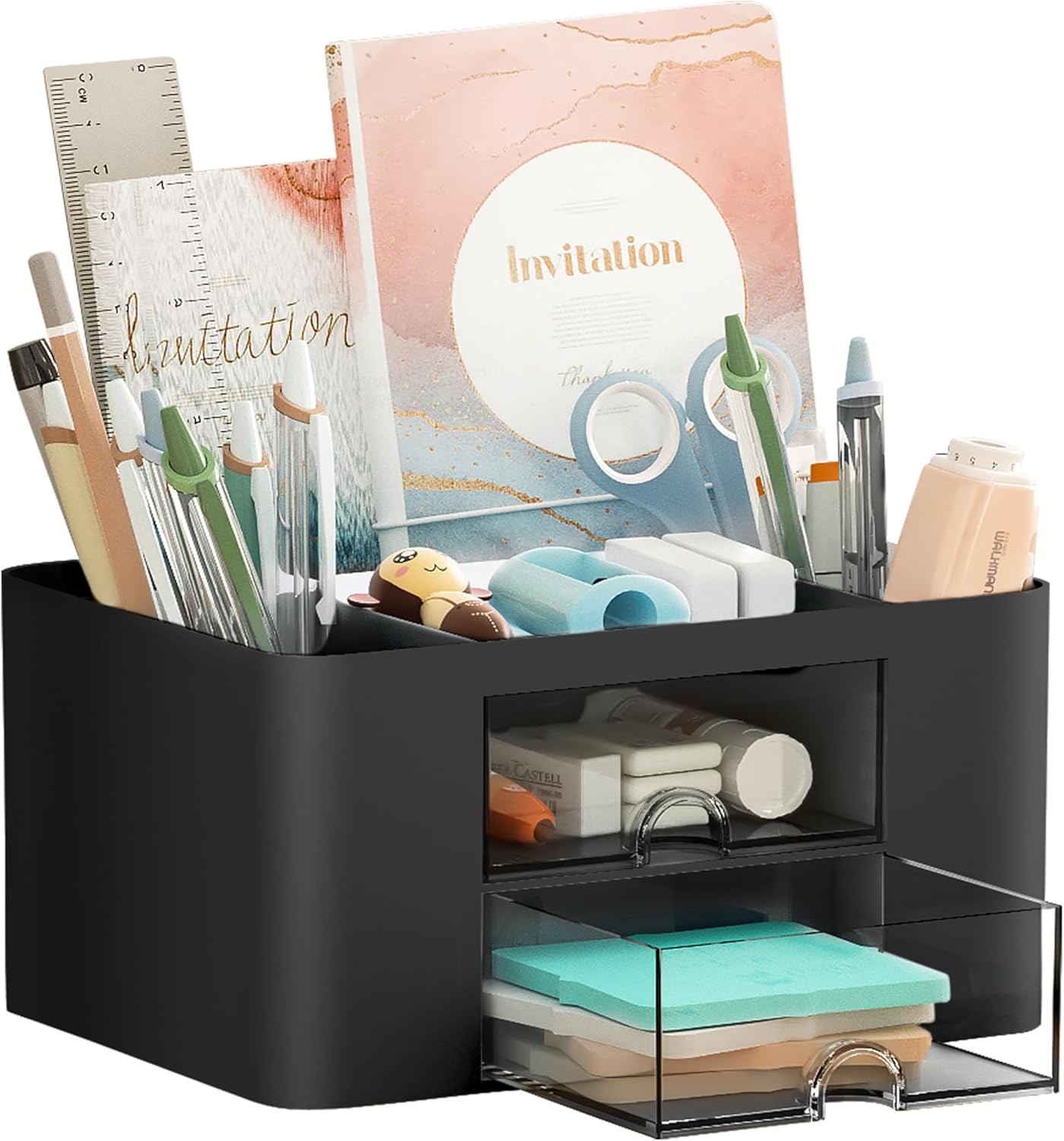 Pen Organizer with 2 Drawer, Multi-Functional Pencil Holder for Desk, Desk Organizers and Accessories with 5 Compartments + Drawer for Office Art Supplies (Yellow)